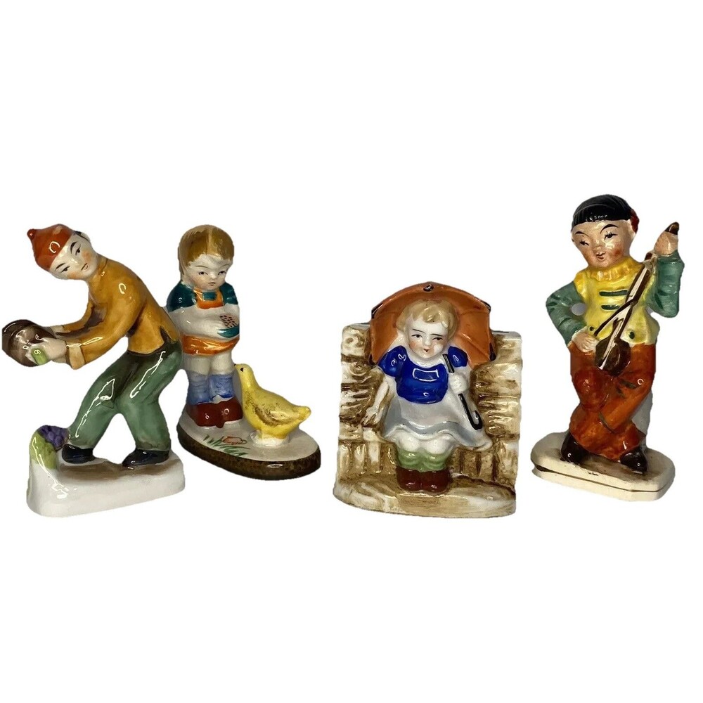 Vintage Occupied Japan Porcelain Figures Girl w/ Duck Umbrella Toothpick Holder